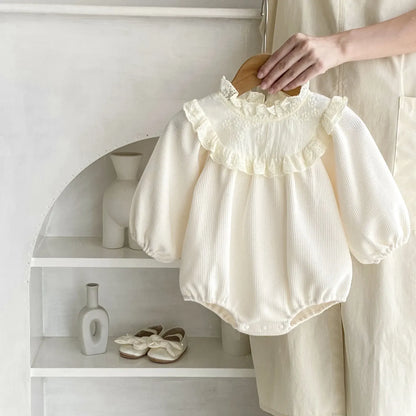 長袖ロンパース ベビーロンパース レーススタンドフリルカラー長袖ワッフルボディスーツ アプリコット【mh0007179】