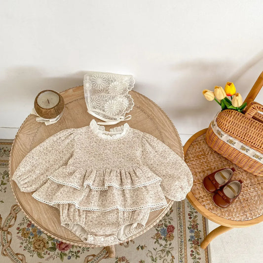 長袖ロンパース ベビーロンパース ダブルフリルペプラムフラワプリント長袖パフスリーブボディスーツ【mh0007232】