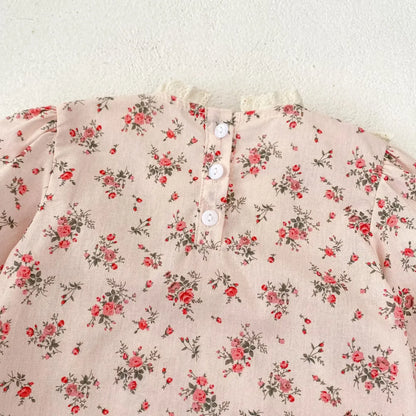 長袖ロンパース ベビーロンパース フラワープリント刺繍長袖ボディスーツ ピンク【mh0007383】