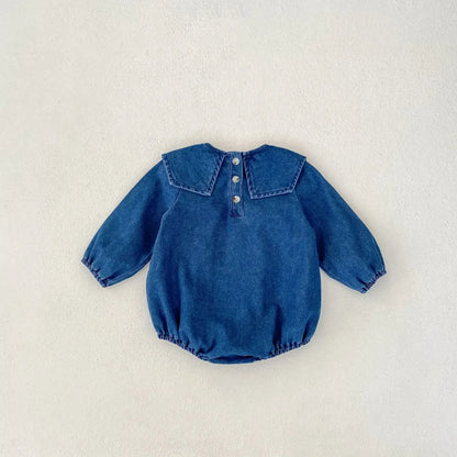 長袖ロンパース ベビーロンパース/キッズワンピース ビッグラペル襟デニム長袖ボディスーツ/ワンピース リンクコーデ 姉妹 お揃いコーデ【mh0007424】