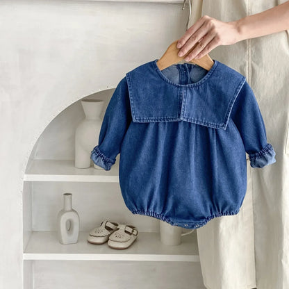 長袖ロンパース ベビーロンパース/キッズワンピース ビッグラペル襟デニム長袖ボディスーツ/ワンピース リンクコーデ 姉妹 お揃いコーデ【mh0007424】