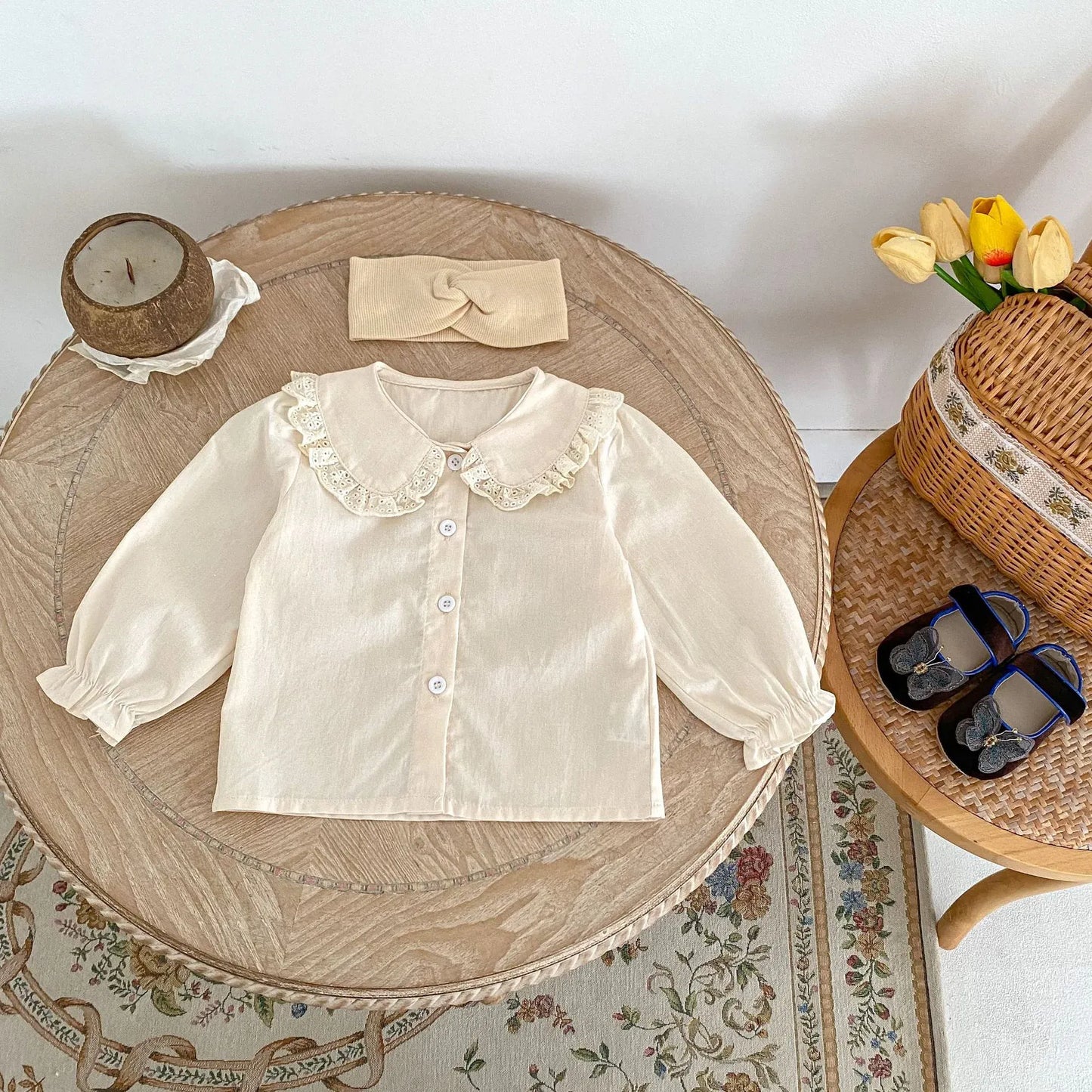 長袖セットアップ ベビートップス/パンツ フリル襟長袖シャツブラウス/ウエストフリルリボンフラワープリントロングバルーンパンツ【mh0007451】