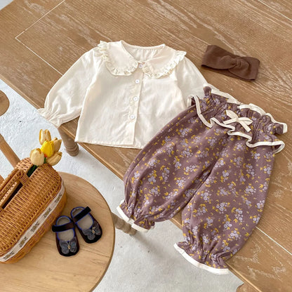 長袖セットアップ ベビートップス/パンツ フリル襟長袖シャツブラウス/ウエストフリルリボンフラワープリントロングバルーンパンツ【mh0007451】