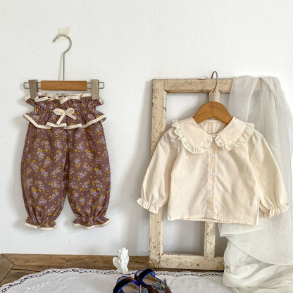 長袖セットアップ ベビートップス/パンツ フリル襟長袖シャツブラウス/ウエストフリルリボンフラワープリントロングバルーンパンツ【mh0007451】