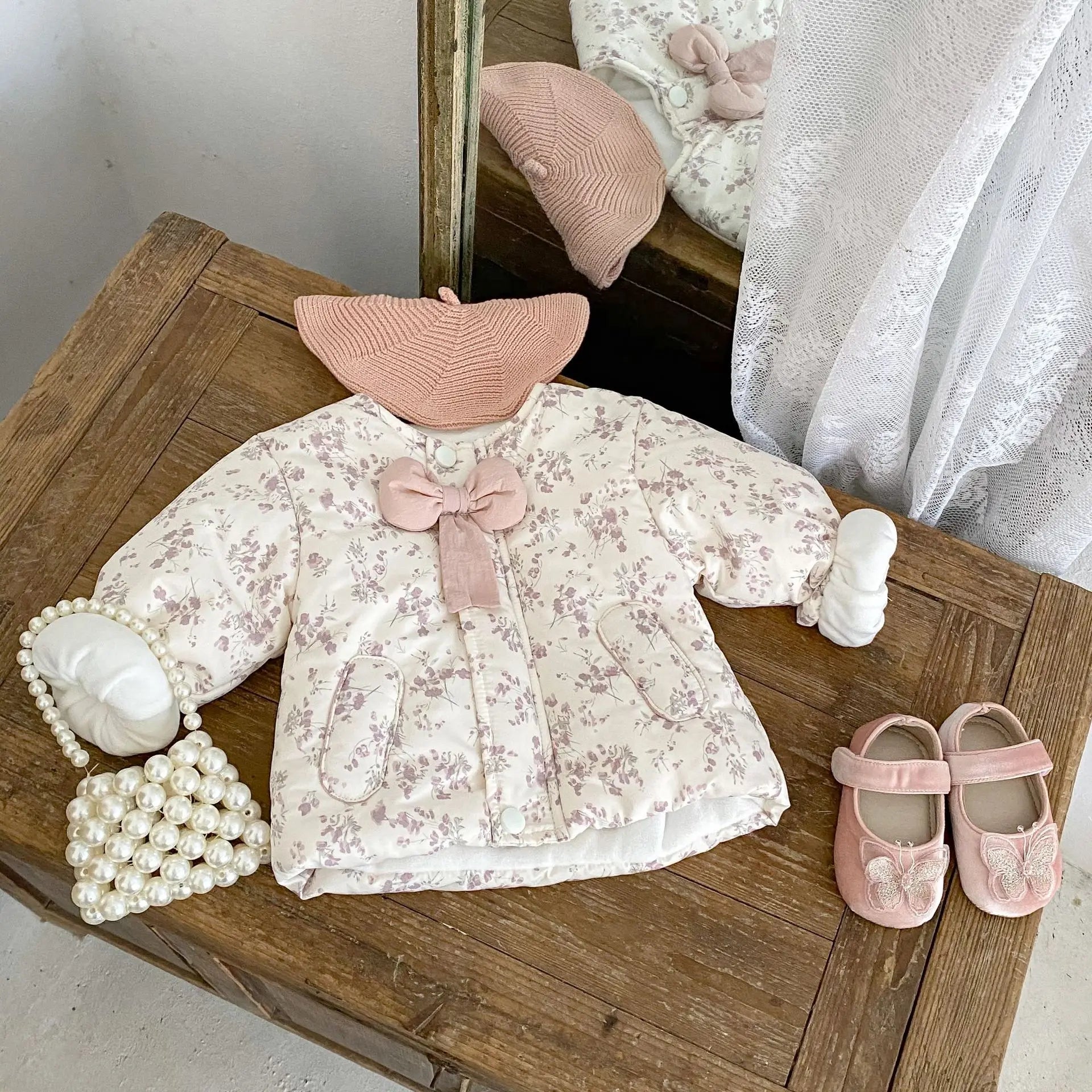 ショートコート・ジャケット・ジャンパー ベビーアウター フラワープリントリボンパデッドジャケットコート【mh0008202】