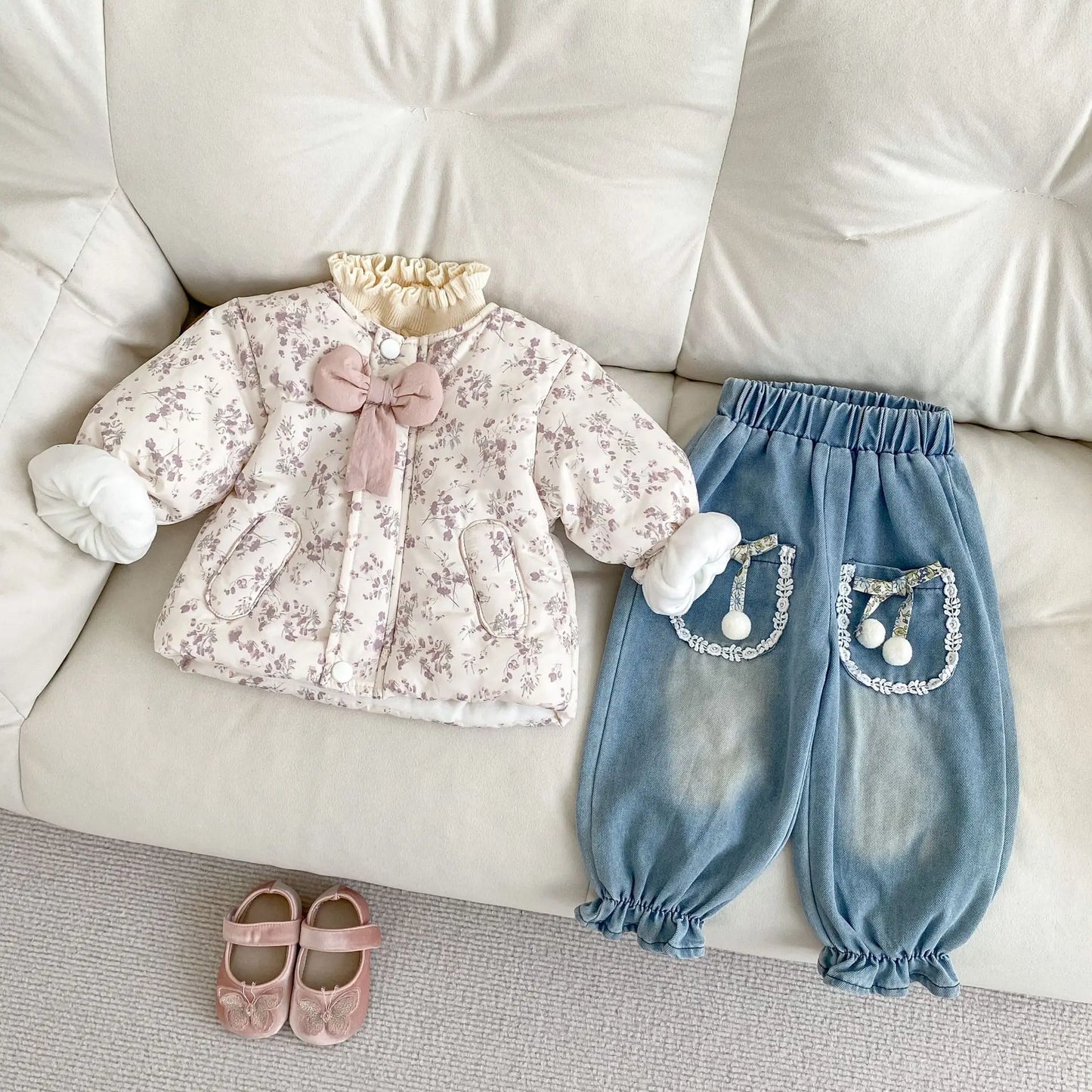 ショートコート・ジャケット・ジャンパー ベビーアウター フラワープリントリボンパデッドジャケットコート【mh0008202】