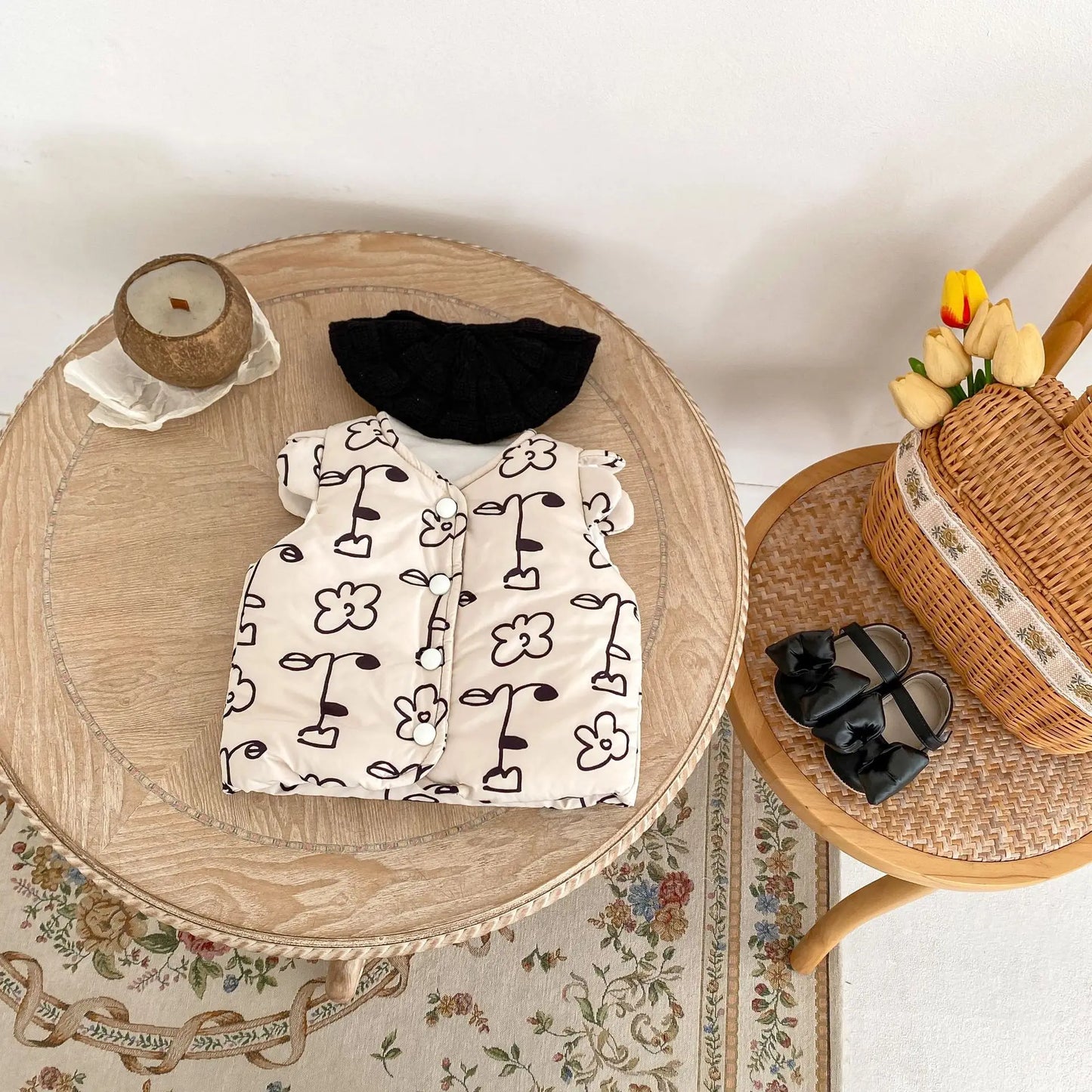 ベスト ベビーベスト 北欧風フラワープリントショルダーフリル前あきアウターベスト【mh0008258】