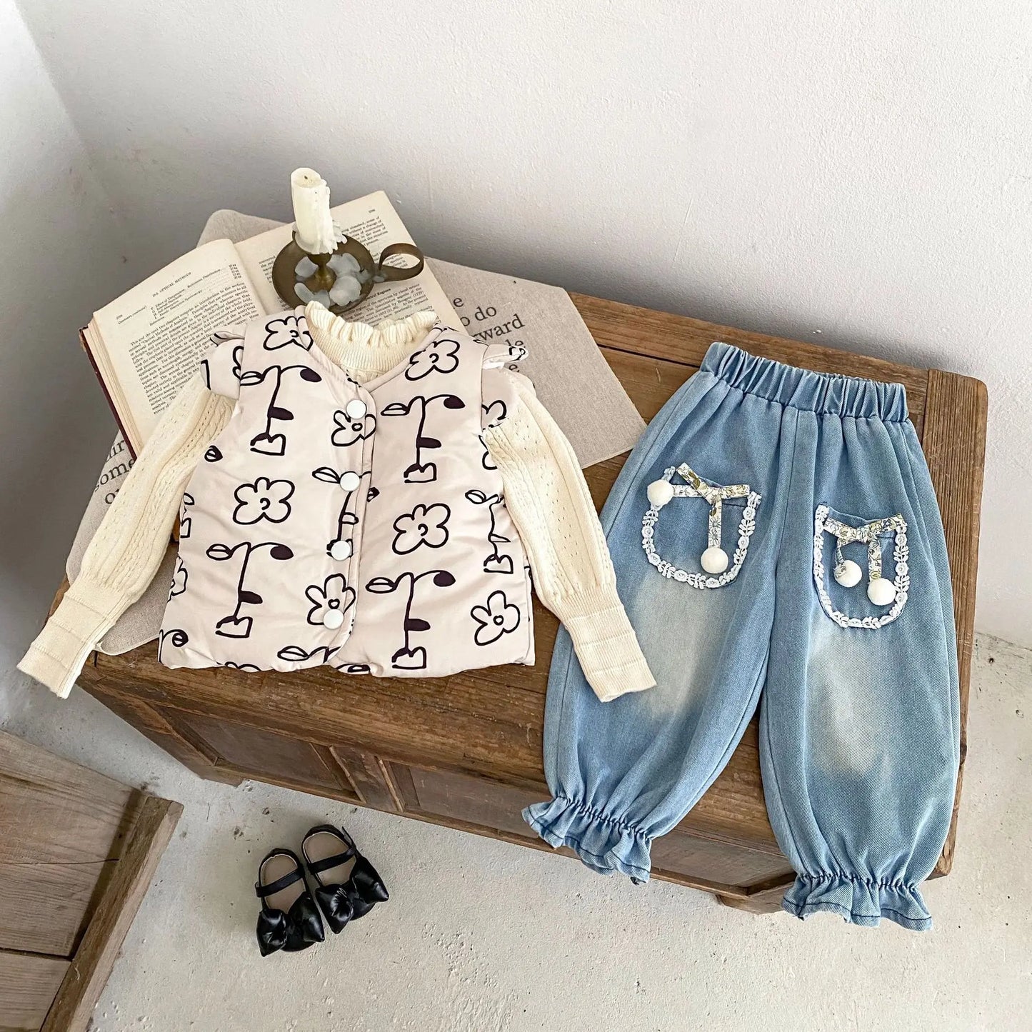 ベスト ベビーベスト 北欧風フラワープリントショルダーフリル前あきアウターベスト【mh0008258】