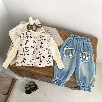 ベスト ベビーベスト 北欧風フラワープリントショルダーフリル前あきアウターベスト【mh0008258】