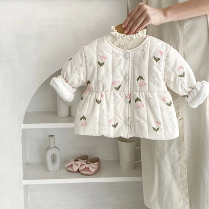 ショートコート・ジャケット・ジャンパー ベビーアウター チューリップフラワーうさぎプリントキルティングノーカラージャケットコート【mh0008280】