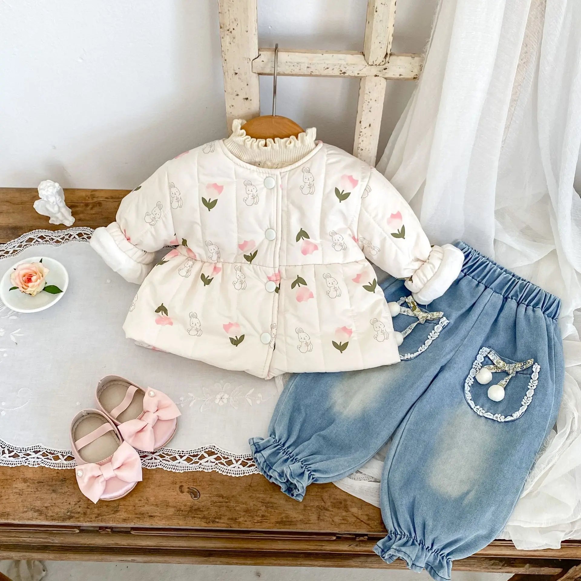 ショートコート・ジャケット・ジャンパー ベビーアウター チューリップフラワーうさぎプリントキルティングノーカラージャケットコート【mh0008280】