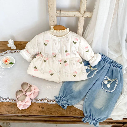 ショートコート・ジャケット・ジャンパー ベビーアウター チューリップフラワーうさぎプリントキルティングノーカラージャケットコート【mh0008280】