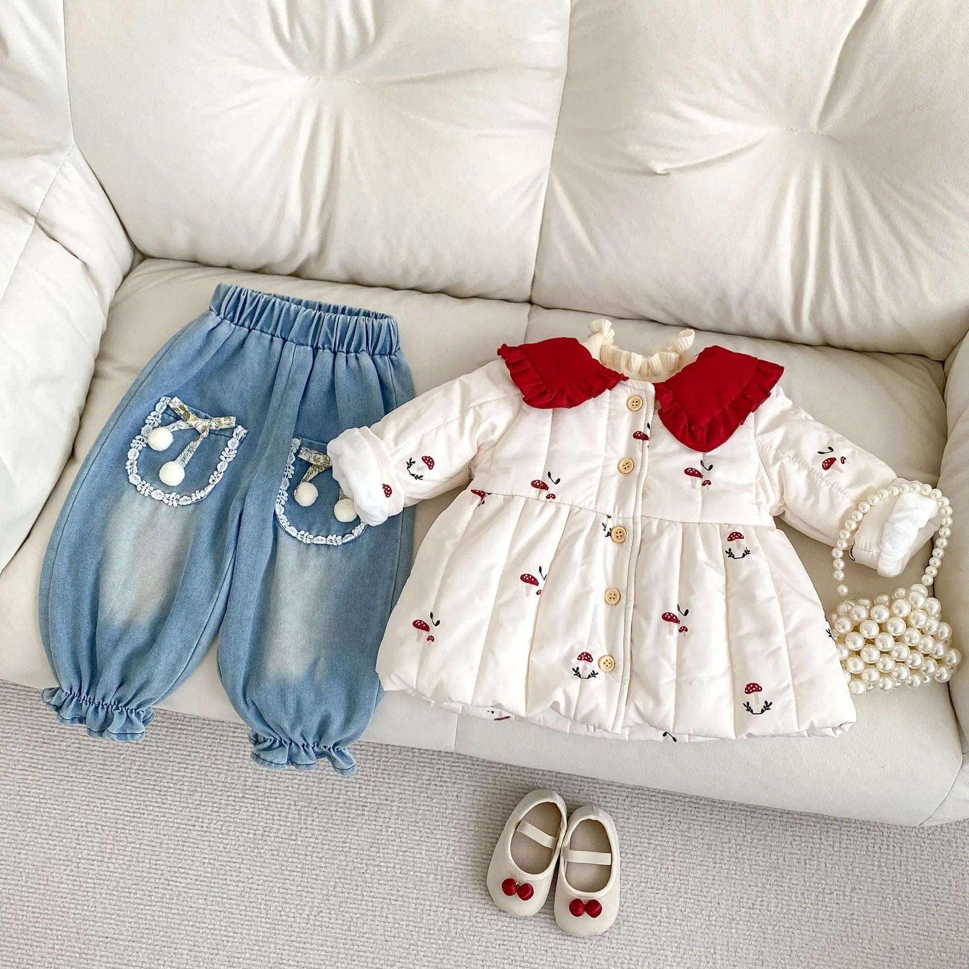 ショートコート・ジャケット・ジャンパー ベビーアウター きのこ刺繍襟付きパデッドジャケットコート【mh0008497】