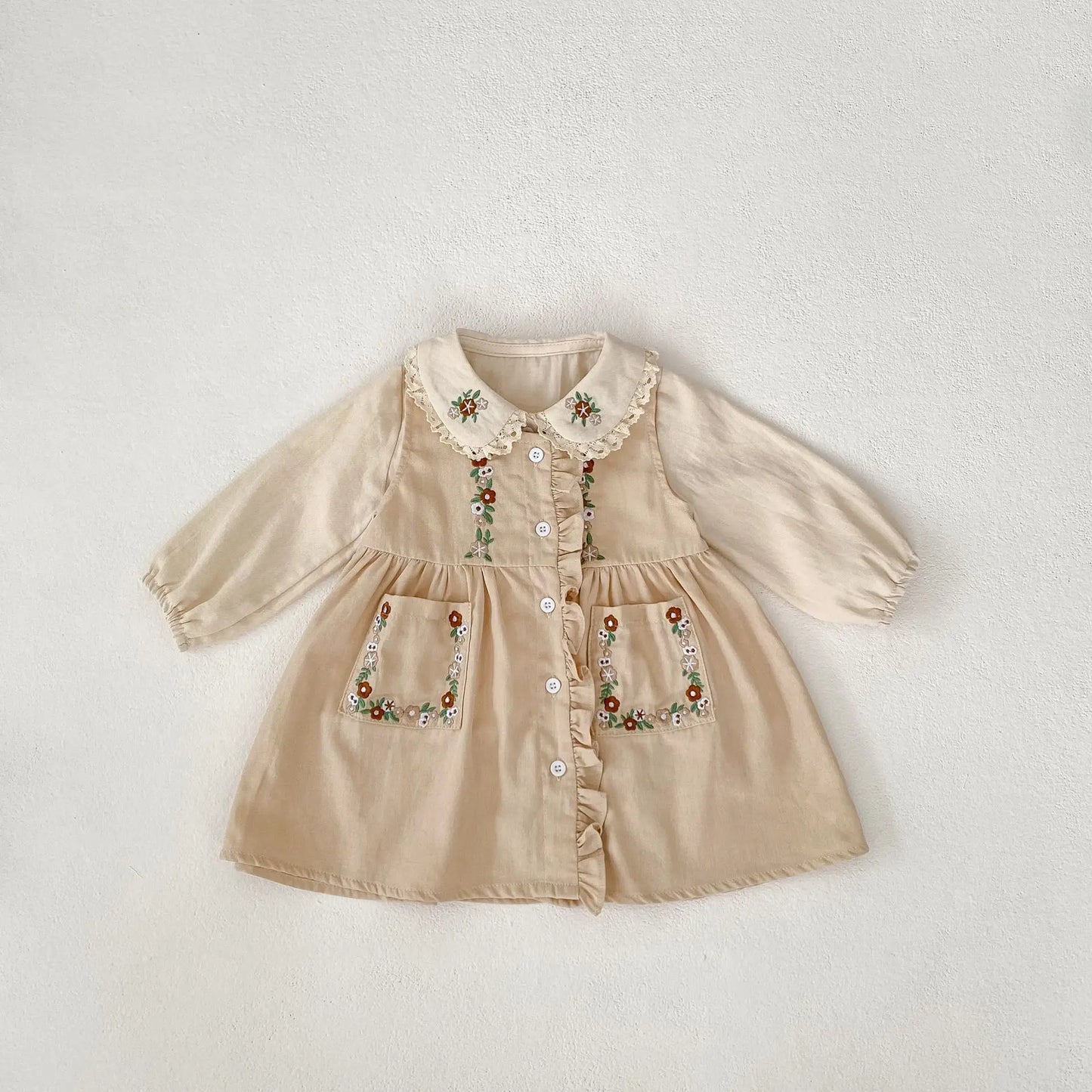 長袖セットアップ ベビーキッズトップス/ワンピース フラワー刺繍長袖ブラウス/ノースリーブ前あきワンピース【mh0008741】