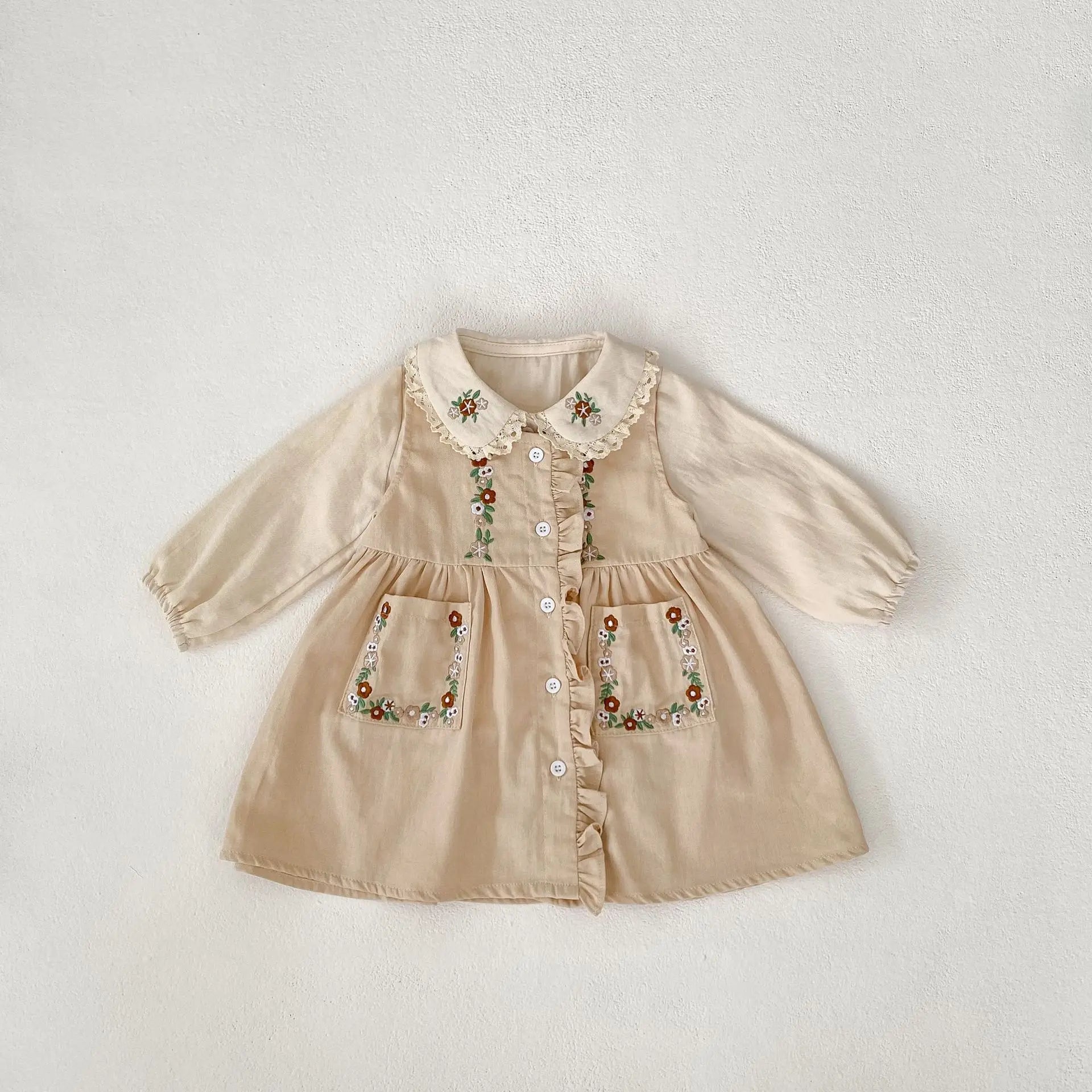 長袖セットアップ ベビーキッズトップス/ワンピース フラワー刺繍長袖ブラウス/ノースリーブ前あきワンピース【mh0008741】