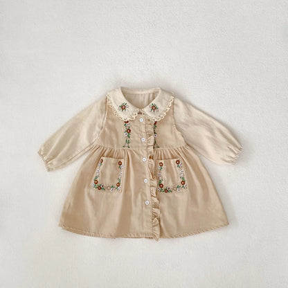 長袖セットアップ ベビーキッズトップス/ワンピース フラワー刺繍長袖ブラウス/ノースリーブ前あきワンピース【mh0008741】