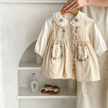 長袖セットアップ ベビーキッズトップス/ワンピース フラワー刺繍長袖ブラウス/ノースリーブ前あきワンピース【mh0008741】