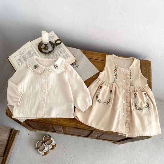 長袖セットアップ ベビーキッズトップス/ワンピース フラワー刺繍長袖ブラウス/ノースリーブ前あきワンピース【mh0008741】