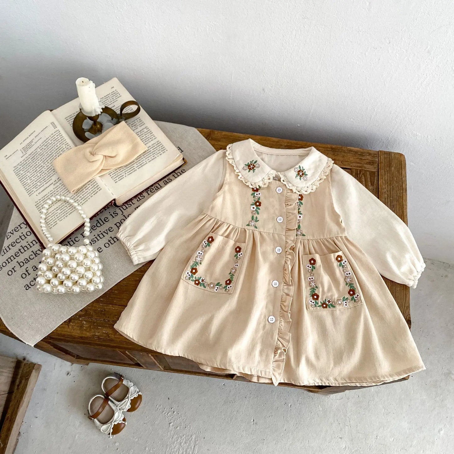 長袖セットアップ ベビーキッズトップス/ワンピース フラワー刺繍長袖ブラウス/ノースリーブ前あきワンピース【mh0008741】