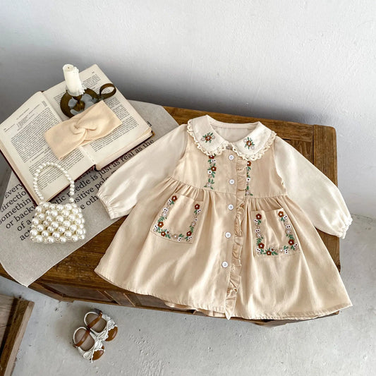 長袖セットアップ ベビーキッズトップス/ワンピース フラワー刺繍長袖ブラウス/ノースリーブ前あきワンピース【mh0008741】