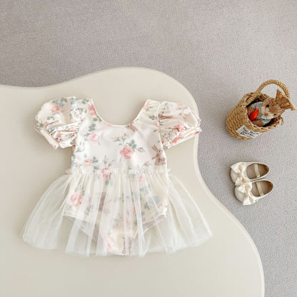 ベビー用水着 ベビー水着 フラワープリントチュチュスカートドッキング半袖ワンピーススイムウェア 【mh0010148】