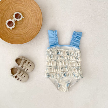 ベビー用水着 ベビー水着 フラワープリントラッフルフリルノースリーブワンピーススイムウェア【mh0010149】