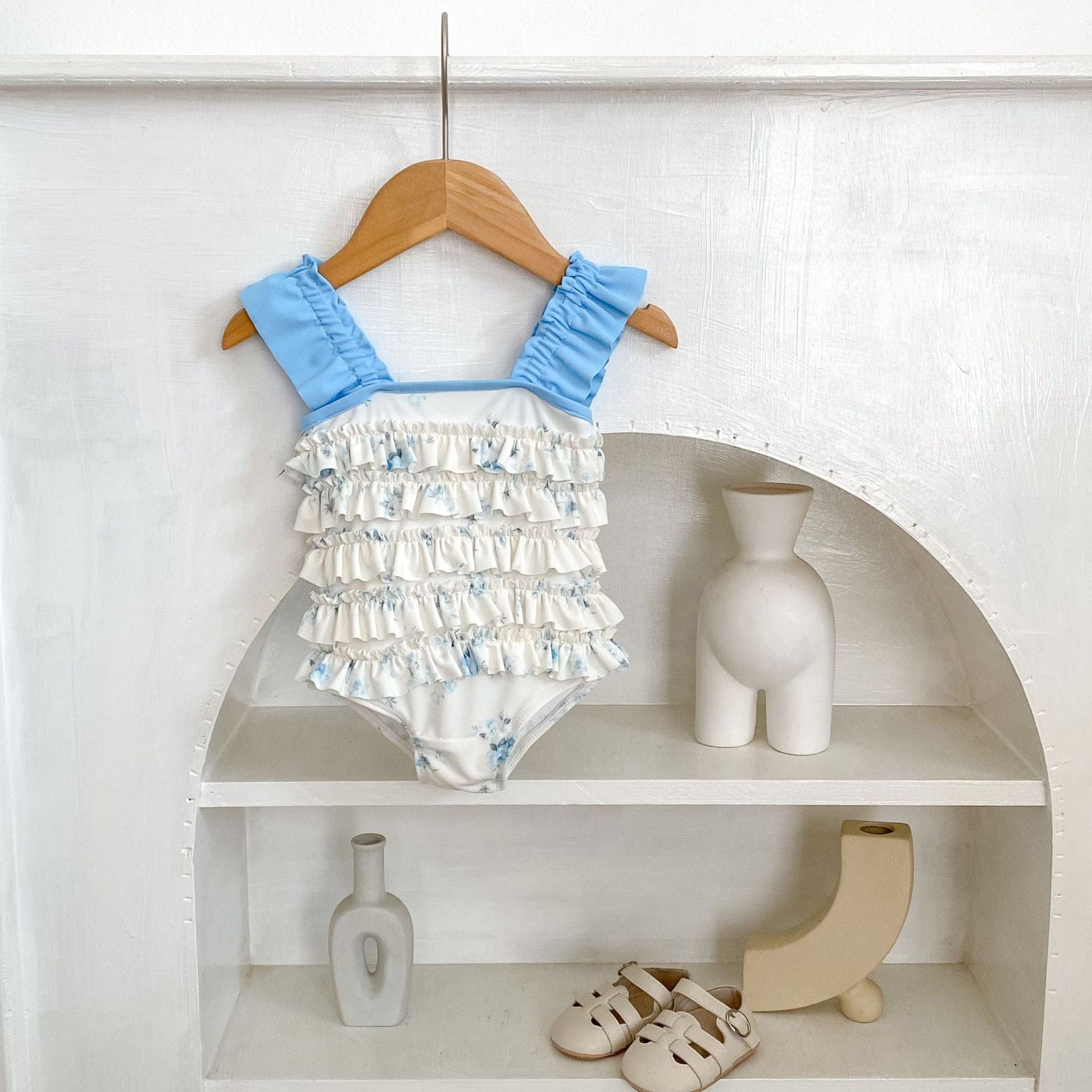 ベビー用水着 ベビー水着 フラワープリントラッフルフリルノースリーブワンピーススイムウェア【mh0010149】