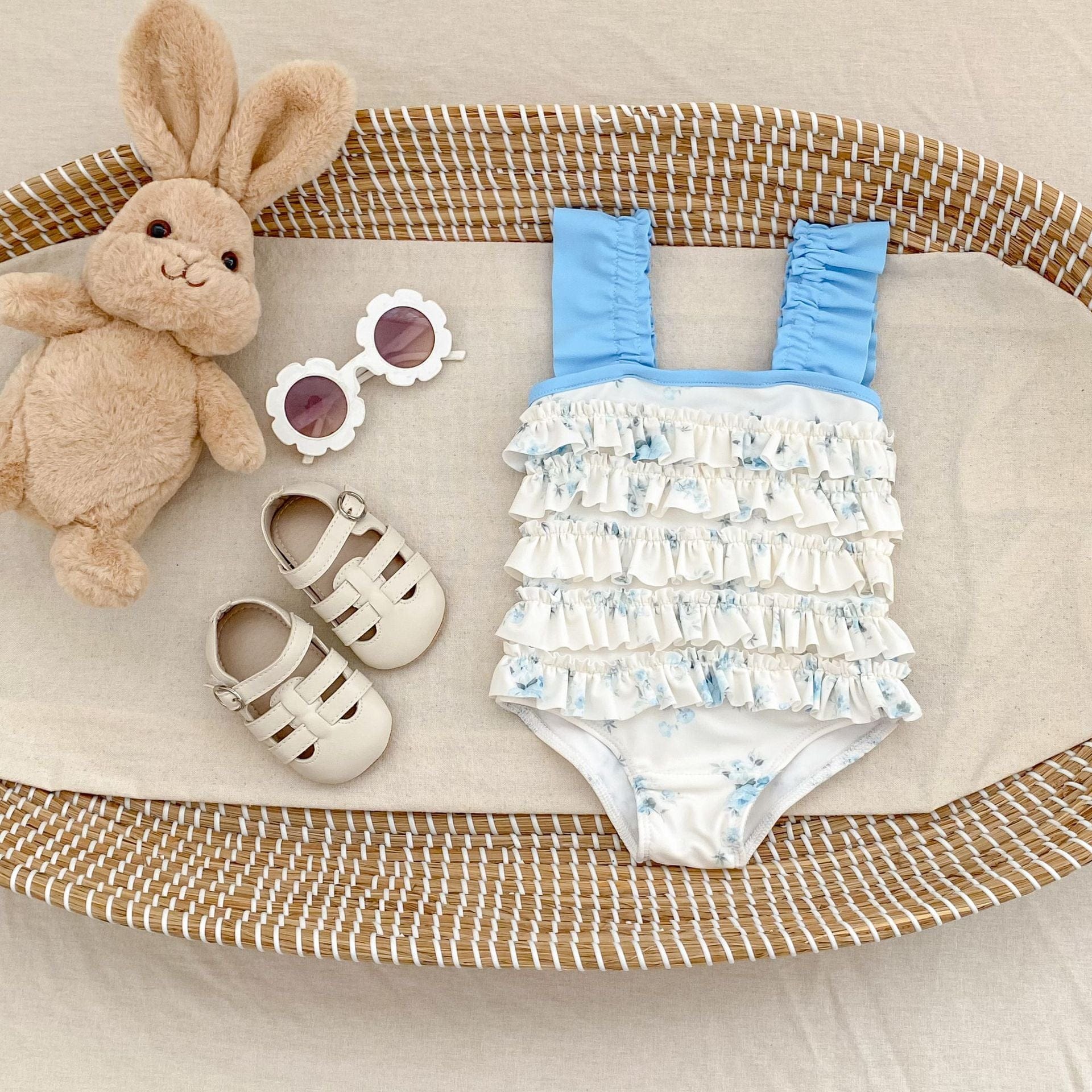 ベビー用水着 ベビー水着 フラワープリントラッフルフリルノースリーブワンピーススイムウェア【mh0010149】