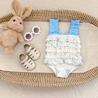 ベビー用水着 ベビー水着 フラワープリントラッフルフリルノースリーブワンピーススイムウェア【mh0010149】