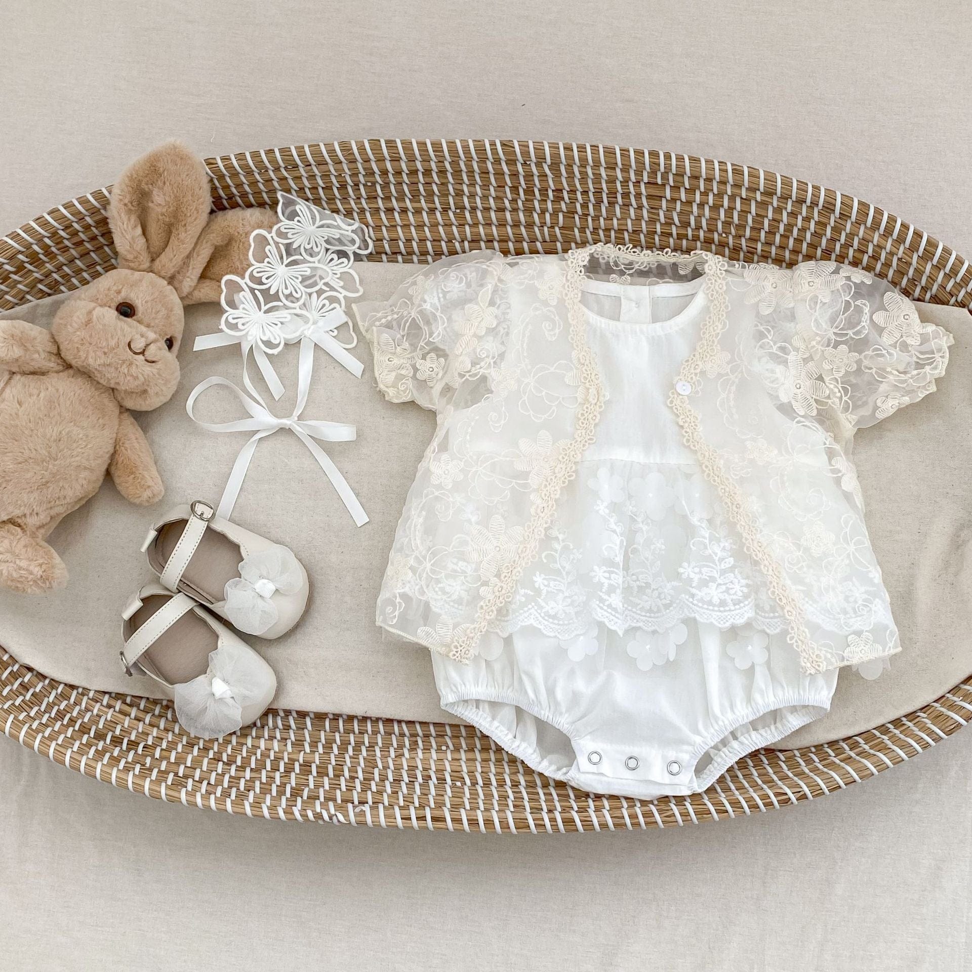 半袖ロンパース 刺繍レーススリーブスカートドレスロンパース【mh0010158】