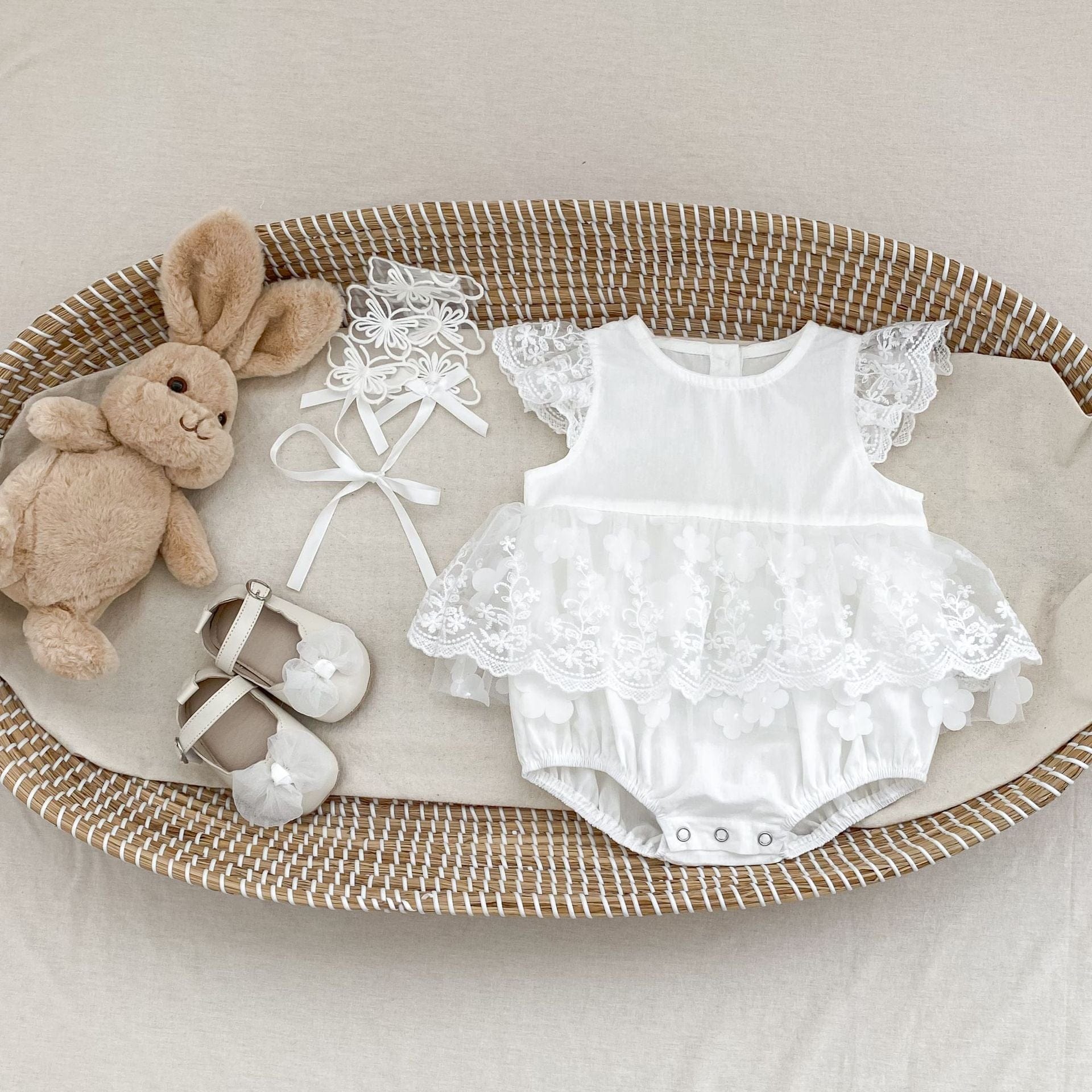 半袖ロンパース 刺繍レーススリーブスカートドレスロンパース【mh0010158】