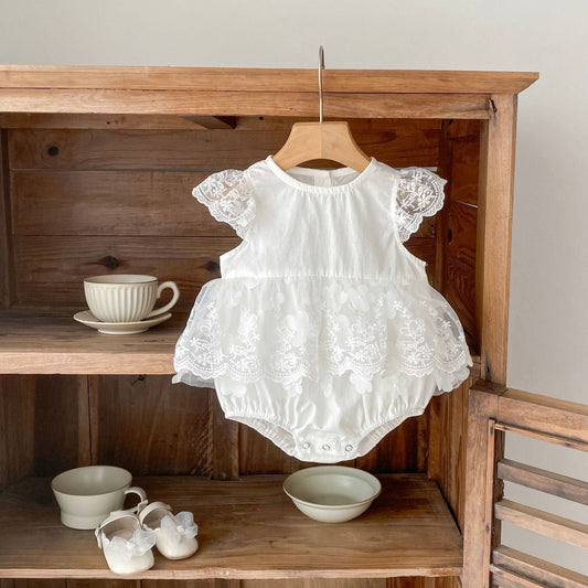 半袖ロンパース 刺繍レーススリーブスカートドレスロンパース【mh0010158】