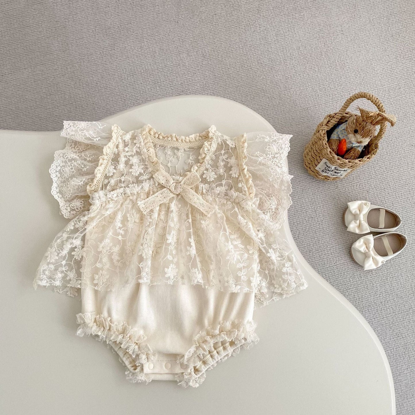 半袖ロンパース 刺繍レースドッキングロンパース【mh0010159】