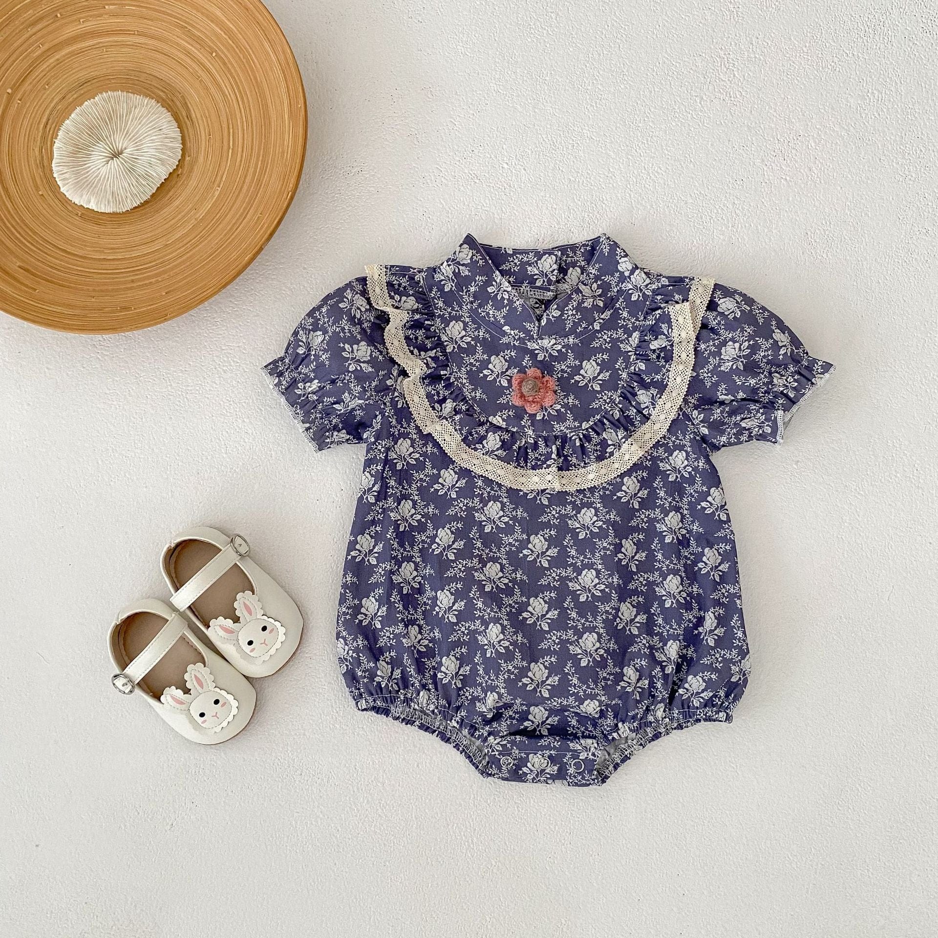 半袖ロンパース 花柄プリントスタンドカラー半袖ロンパース【mh0010175】