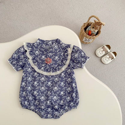 半袖ロンパース 花柄プリントスタンドカラー半袖ロンパース【mh0010175】