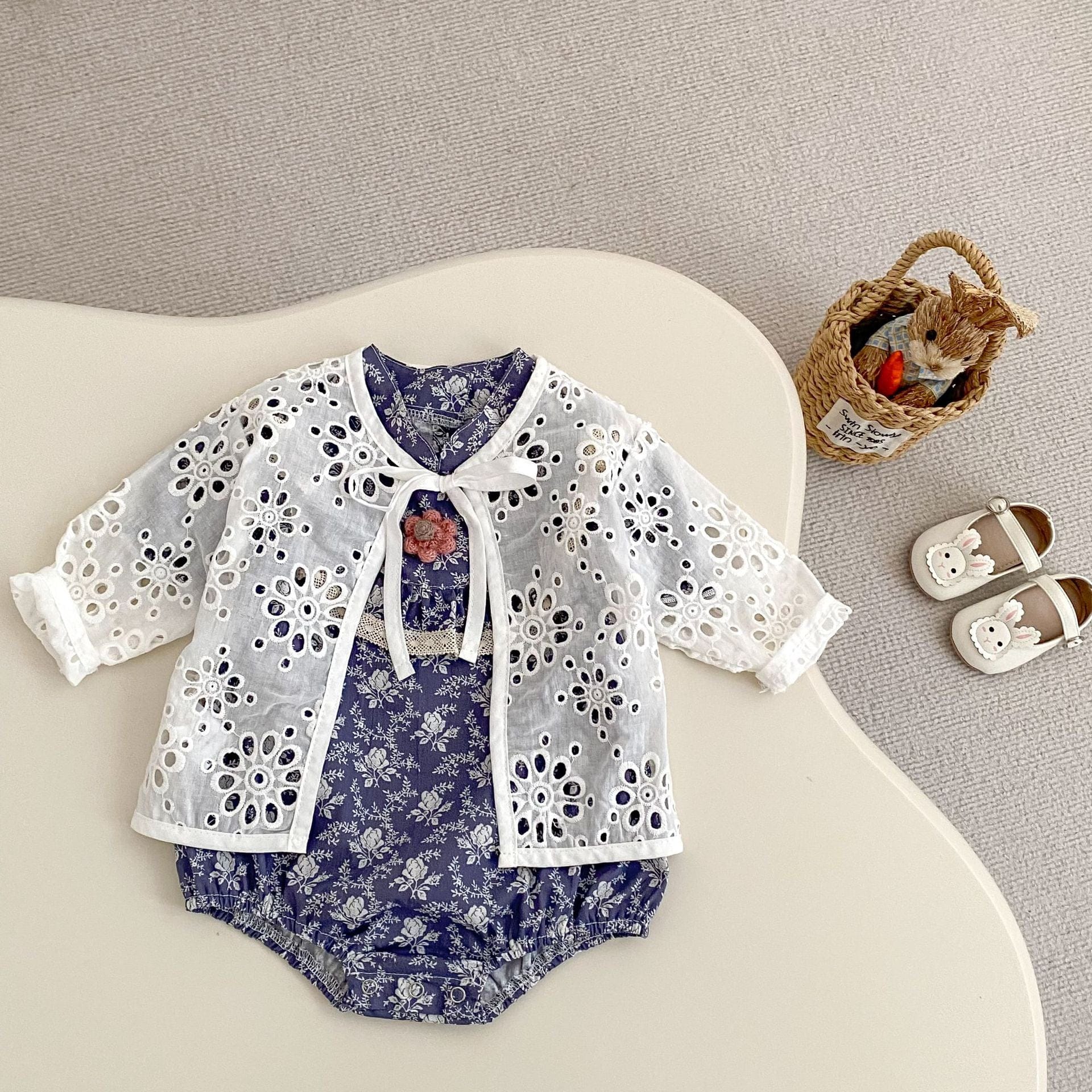 半袖ロンパース 花柄プリントスタンドカラー半袖ロンパース【mh0010175】