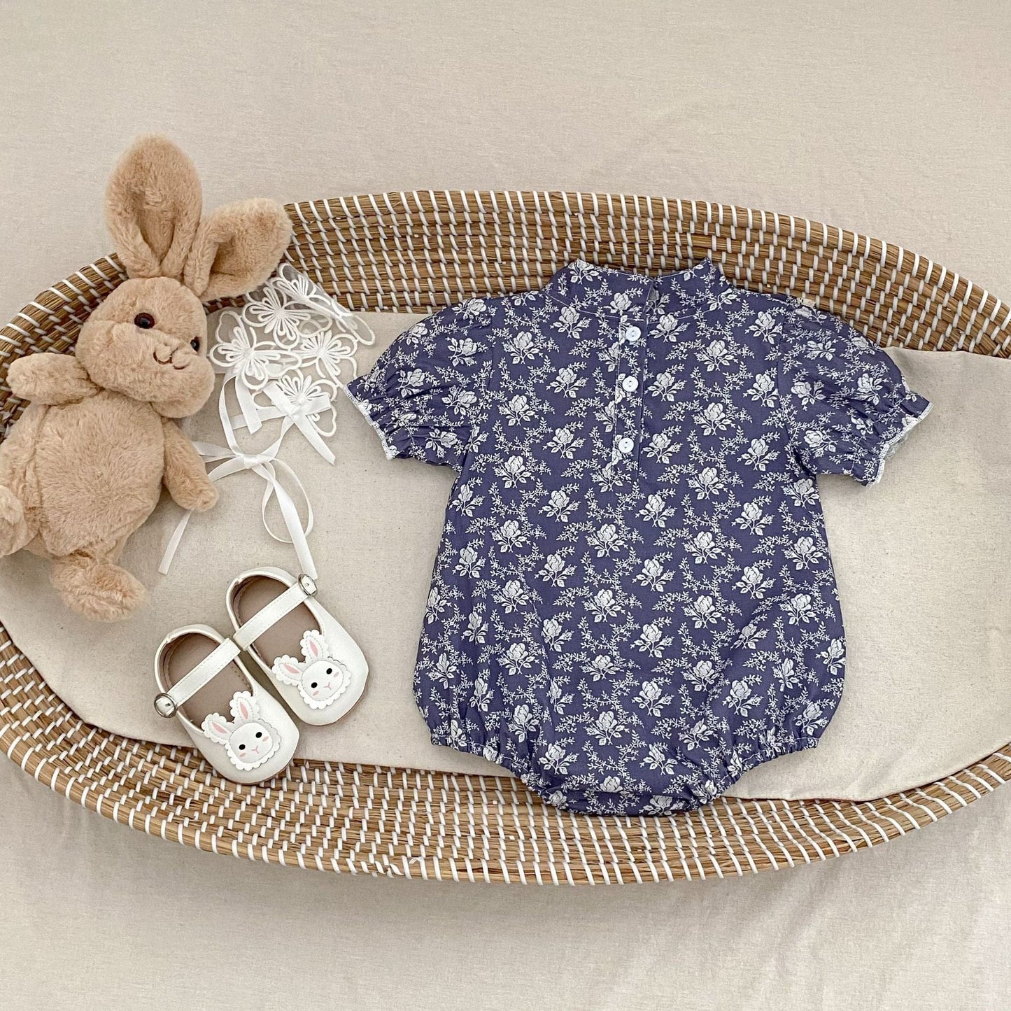 半袖ロンパース 花柄プリントスタンドカラー半袖ロンパース【mh0010175】