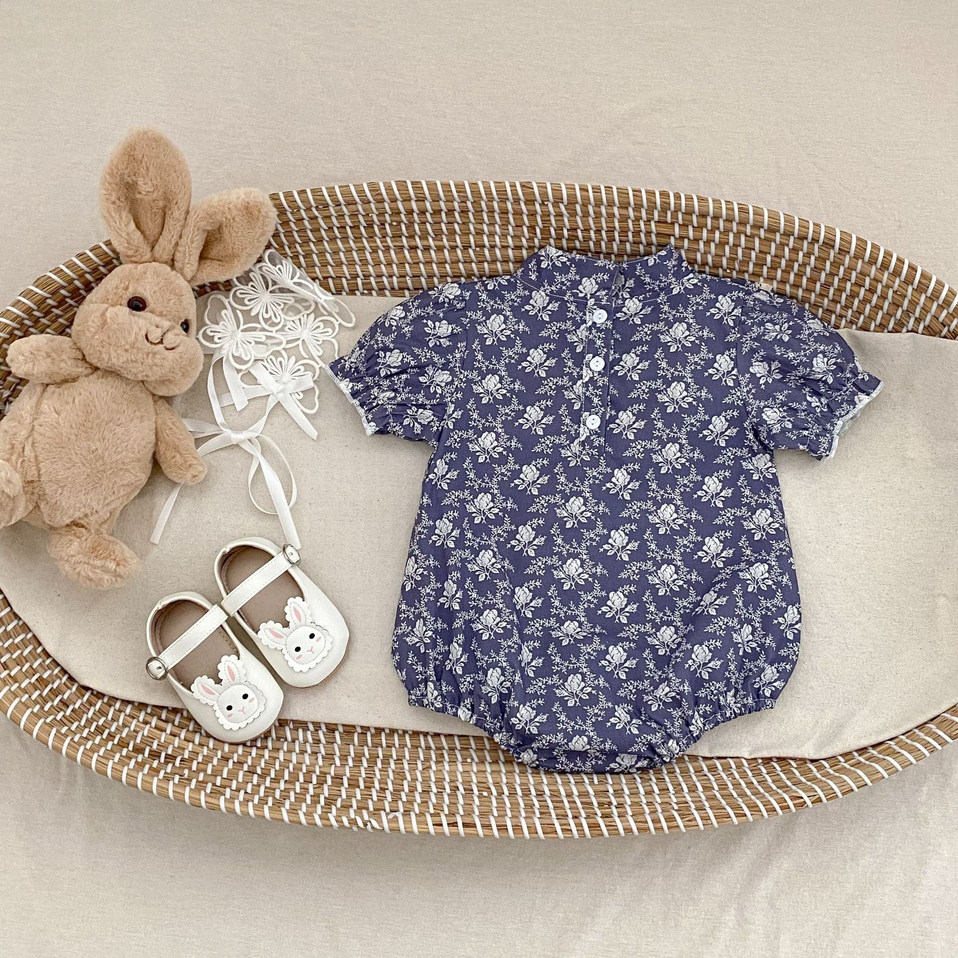 半袖ロンパース 花柄プリントスタンドカラー半袖ロンパース【mh0010175】