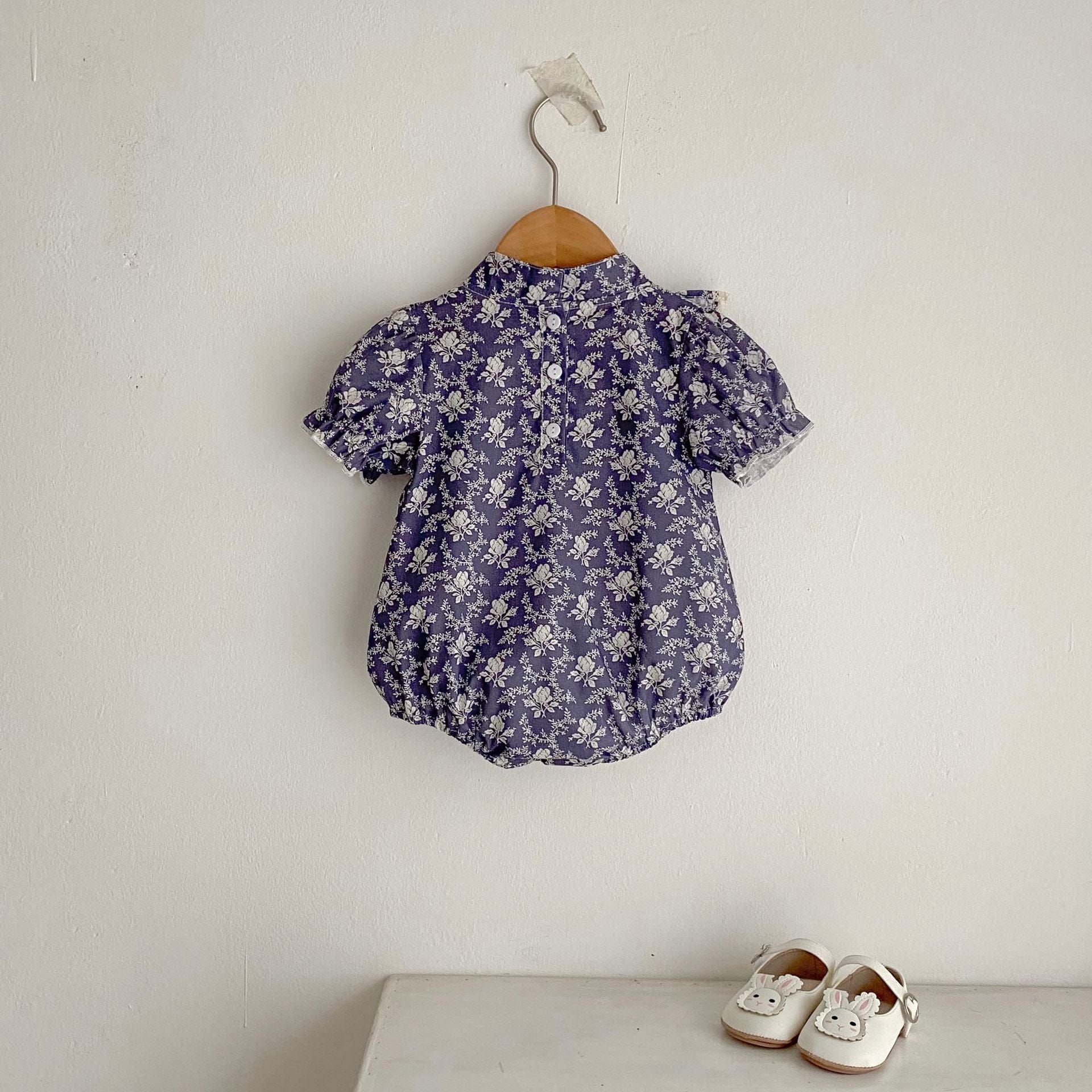 半袖ロンパース 花柄プリントスタンドカラー半袖ロンパース【mh0010175】