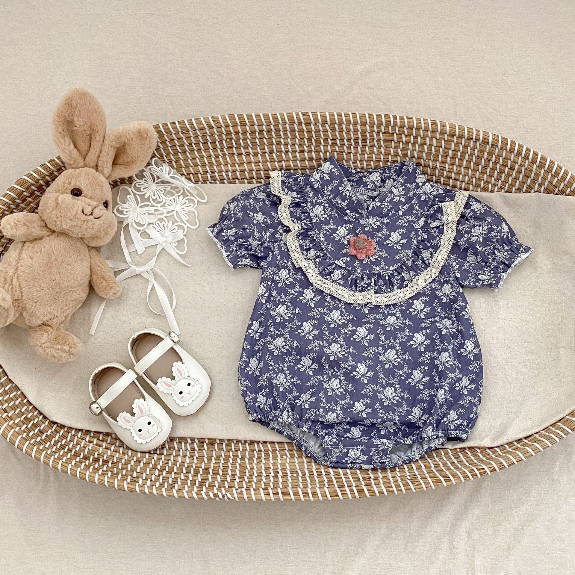 半袖ロンパース 花柄プリントスタンドカラー半袖ロンパース【mh0010175】