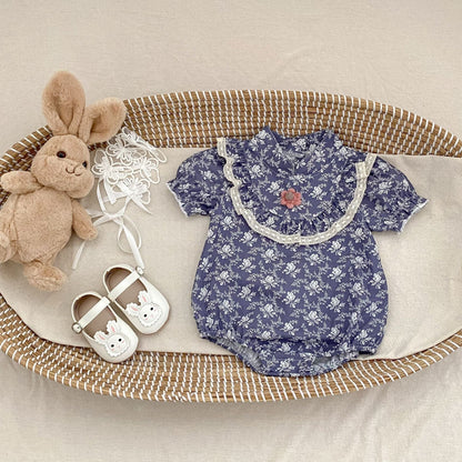 半袖ロンパース 花柄プリントスタンドカラー半袖ロンパース【mh0010175】