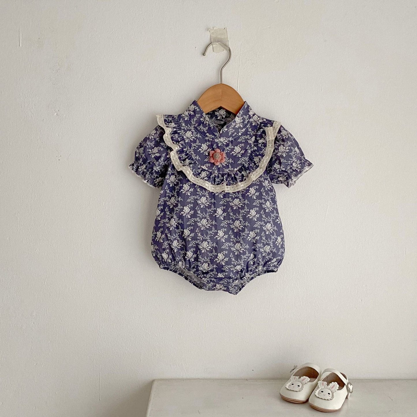 半袖ロンパース 花柄プリントスタンドカラー半袖ロンパース【mh0010175】