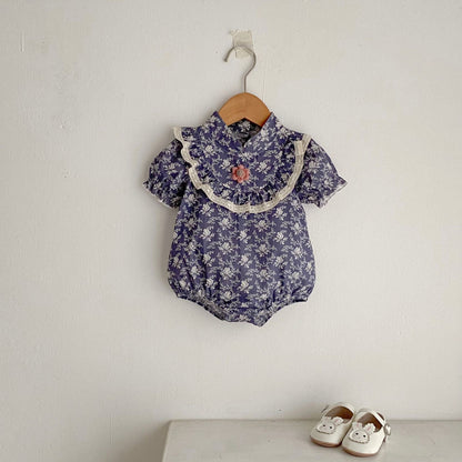 半袖ロンパース 花柄プリントスタンドカラー半袖ロンパース【mh0010175】