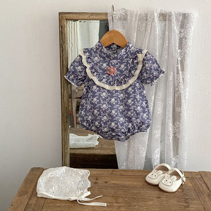 半袖ロンパース 花柄プリントスタンドカラー半袖ロンパース【mh0010175】