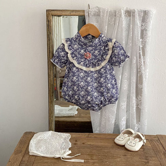 半袖ロンパース 花柄プリントスタンドカラー半袖ロンパース【mh0010175】