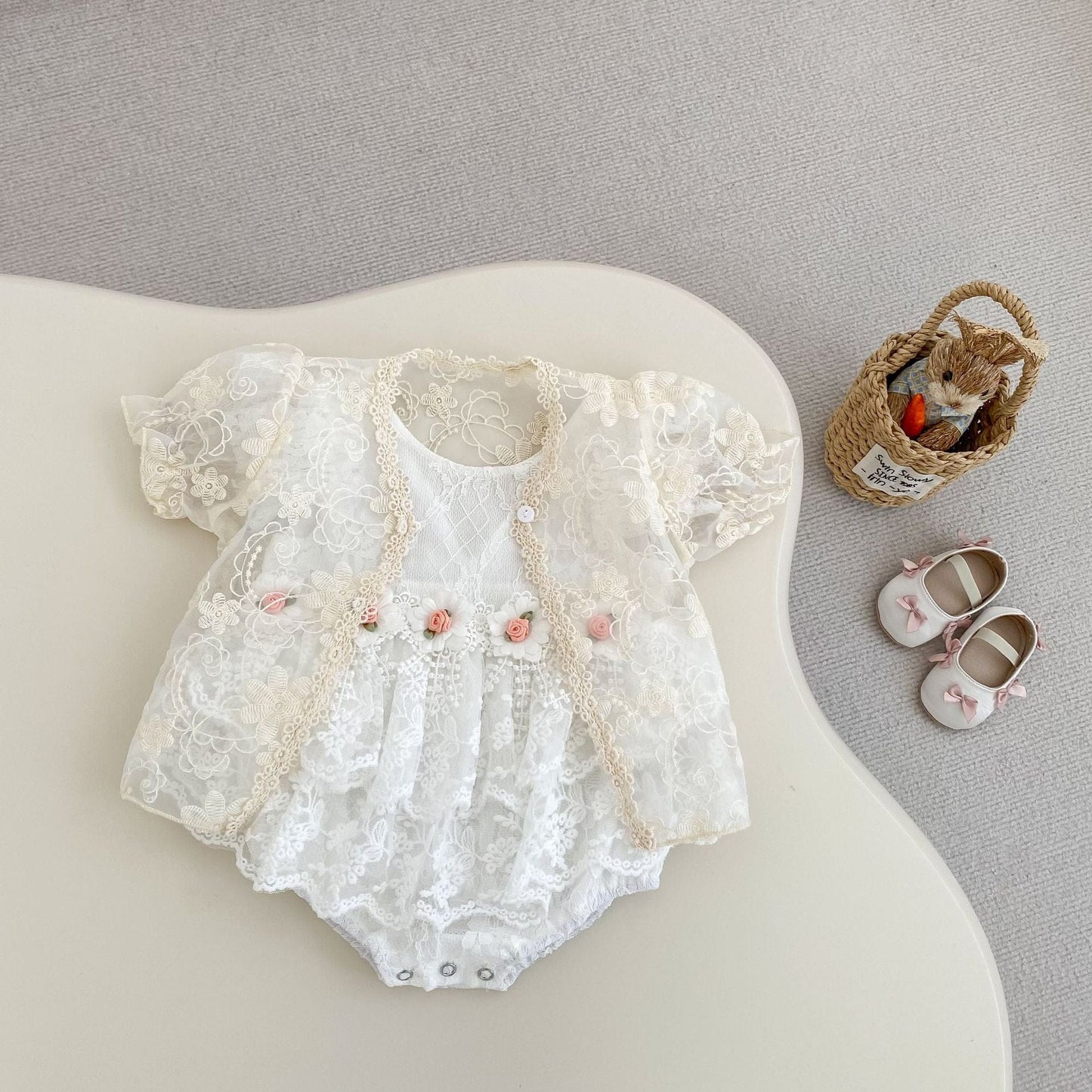 半袖ロンパース ローズ刺繍レースドレスロンパース【mh0010176】