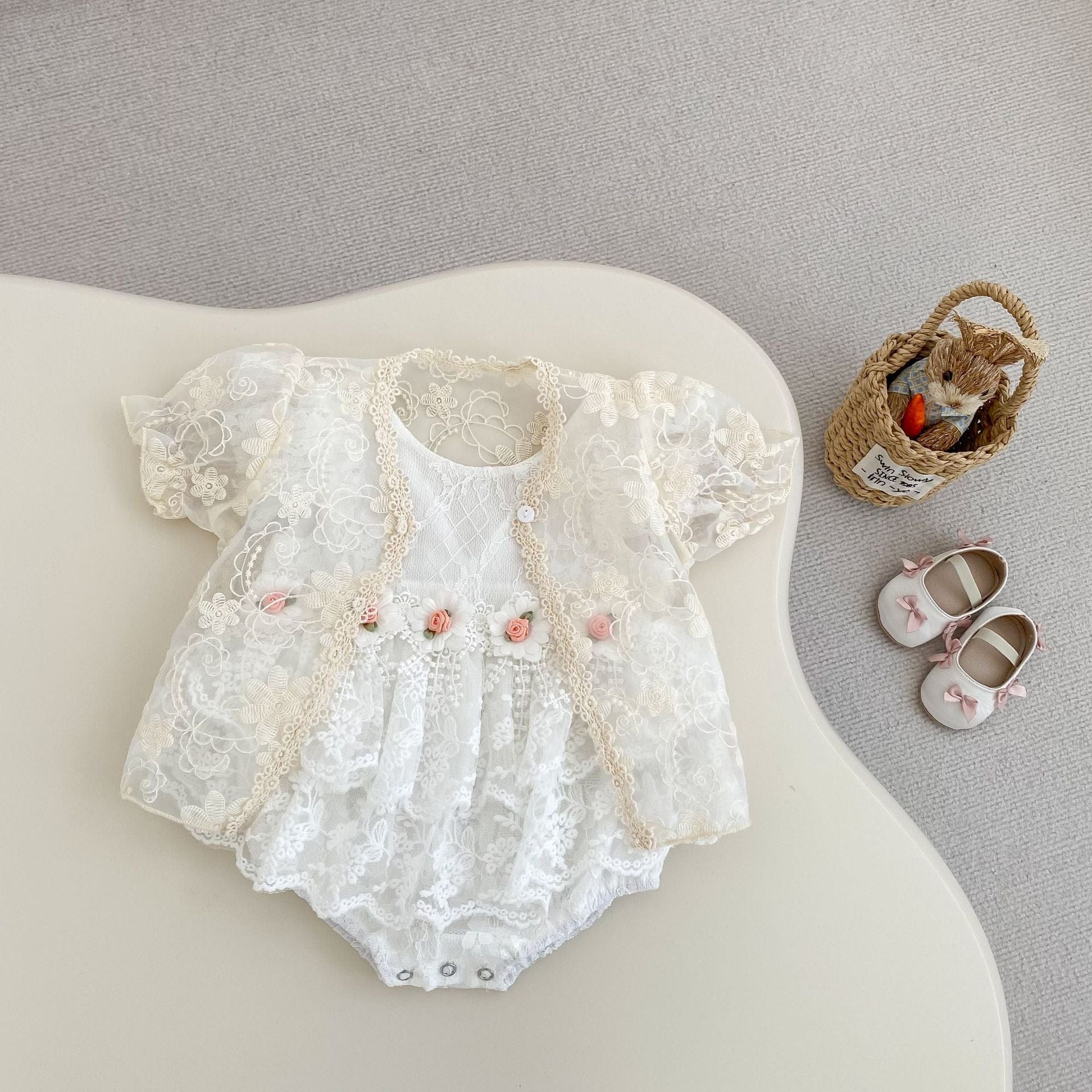 半袖ロンパース ローズ刺繍レースドレスロンパース【mh0010176】