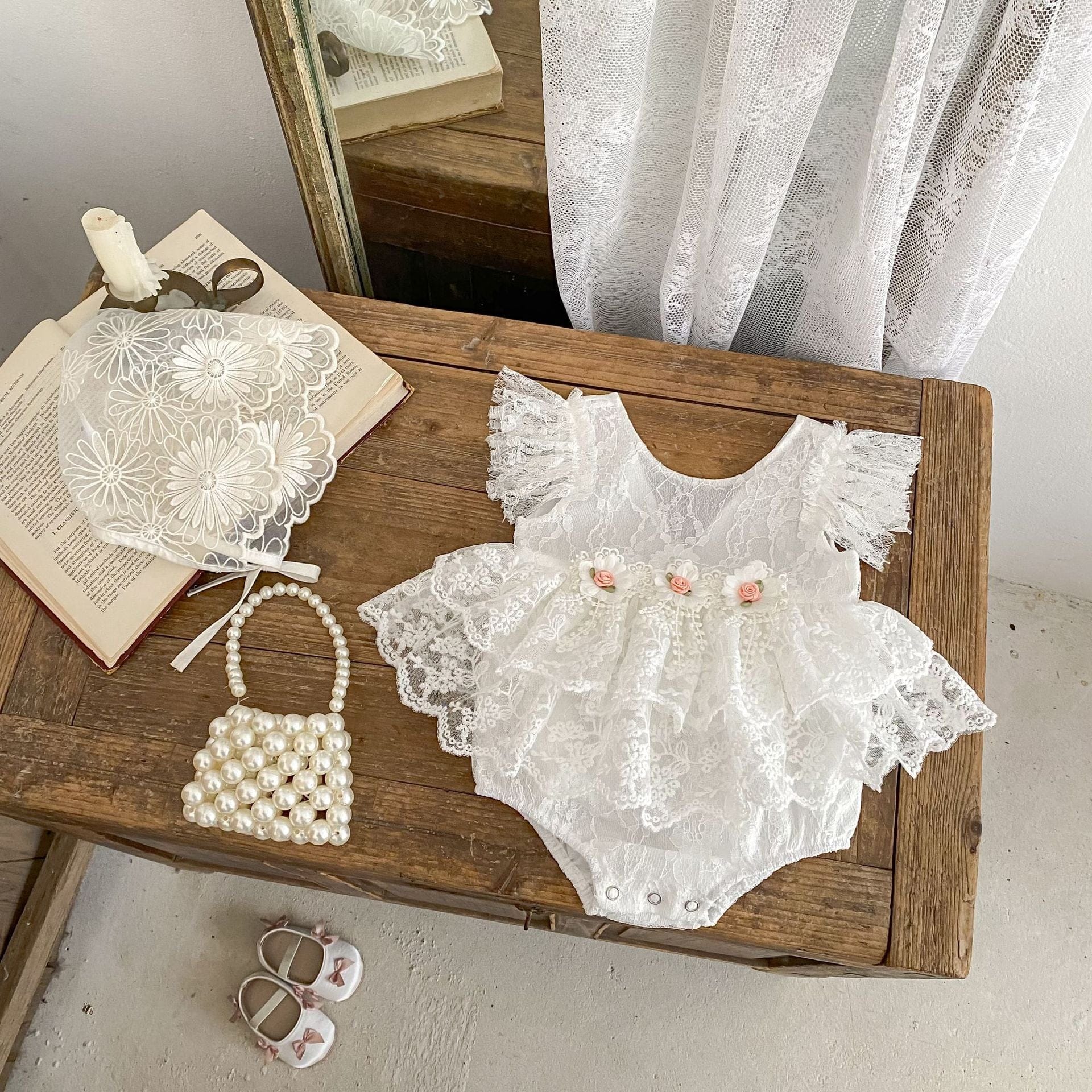 半袖ロンパース ローズ刺繍レースドレスロンパース【mh0010176】