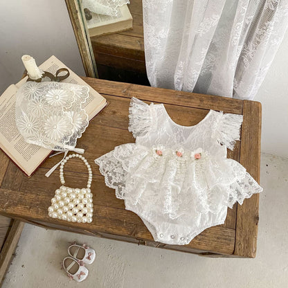 半袖ロンパース ローズ刺繍レースドレスロンパース【mh0010176】