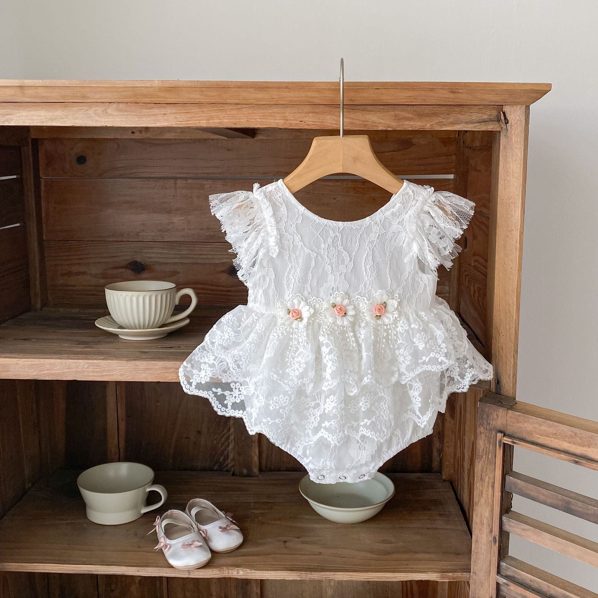 半袖ロンパース ローズ刺繍レースドレスロンパース【mh0010176】